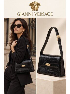 Vintage Gianni Versace Classic Black Croc Embossed Leather Medusa Shoulder Bag